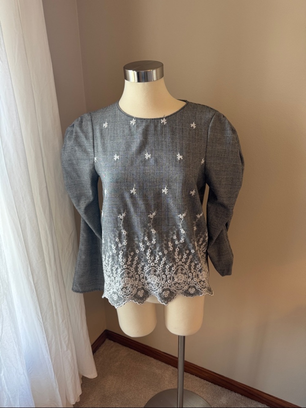 Zara Gray Embroidered Lace-Hem Women's Top